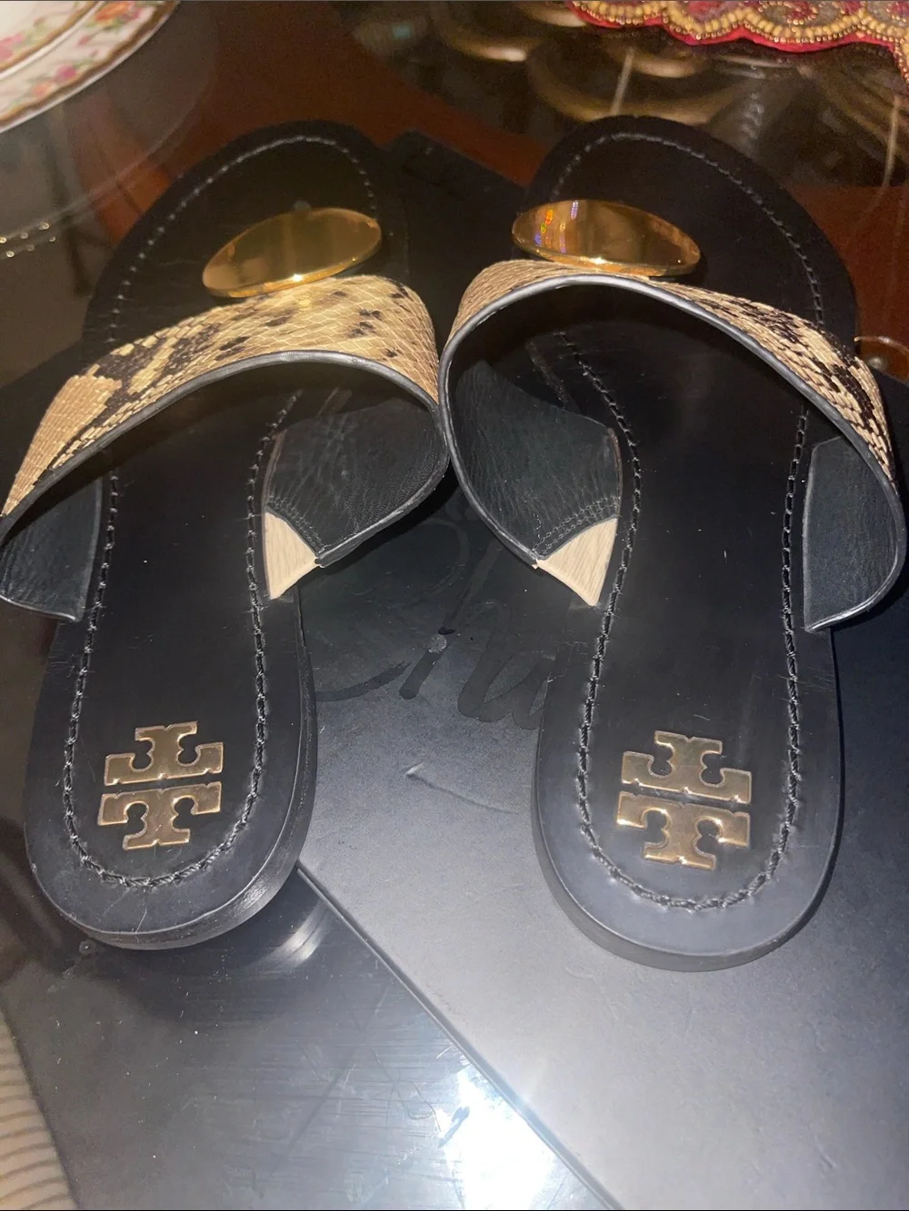 Tory Burch Black Slides with Snake-Print Strap and Gold Discs